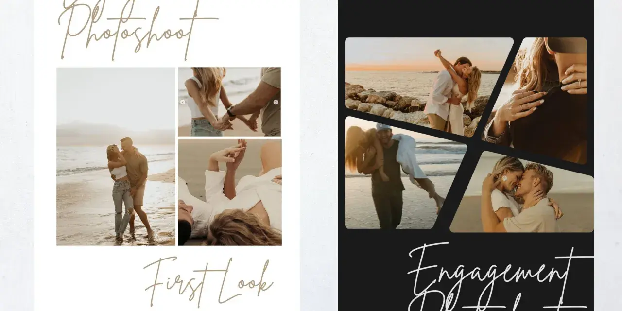 Moodboard z romantycznymi zdjęciami pary na plaży. Ujęcia obejmują pocałunki, trzymanie się za ręce i czułe momenty.