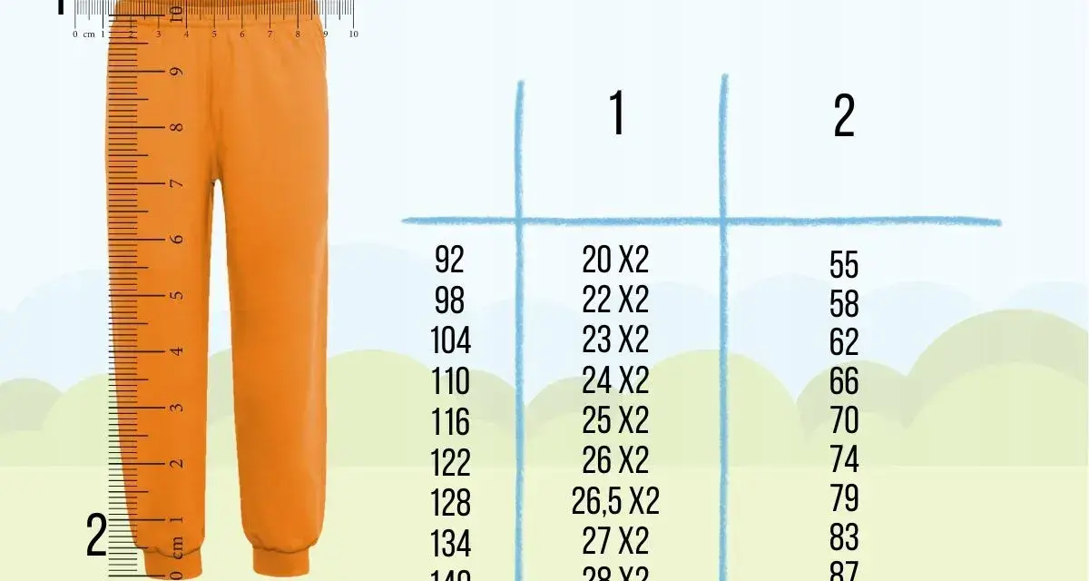 Pomarańczowe spodnie obok miarki. Tabela rozmiarów: rozmiar 104 jaki wiek dziecka?
