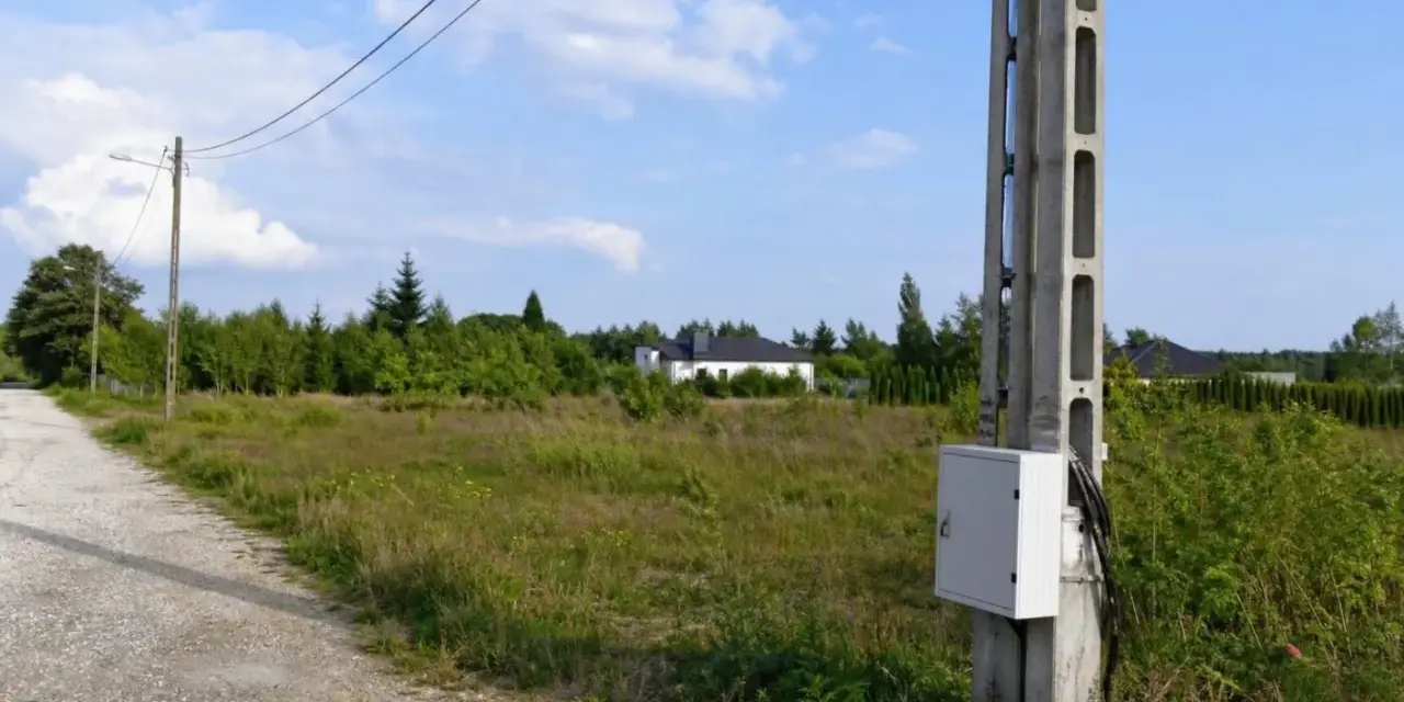 Betonowe słupy energetyczne stoją na tle zieleni i nieba. W oddali widać domki jednorodzinne.