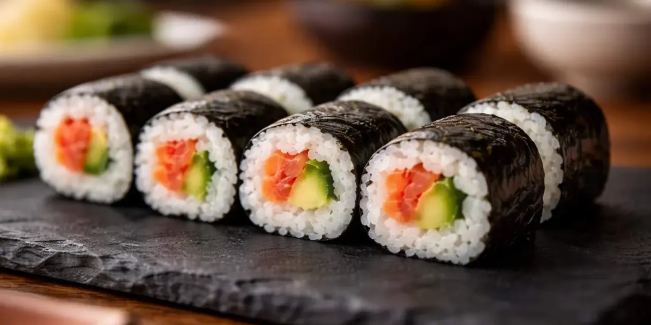 Roladki sushi z łososiem i awokado, zawinięte w nori. Zastanawiasz się, którą stroną nori do sushi? Zawsze błyszczącą na zewnątrz!