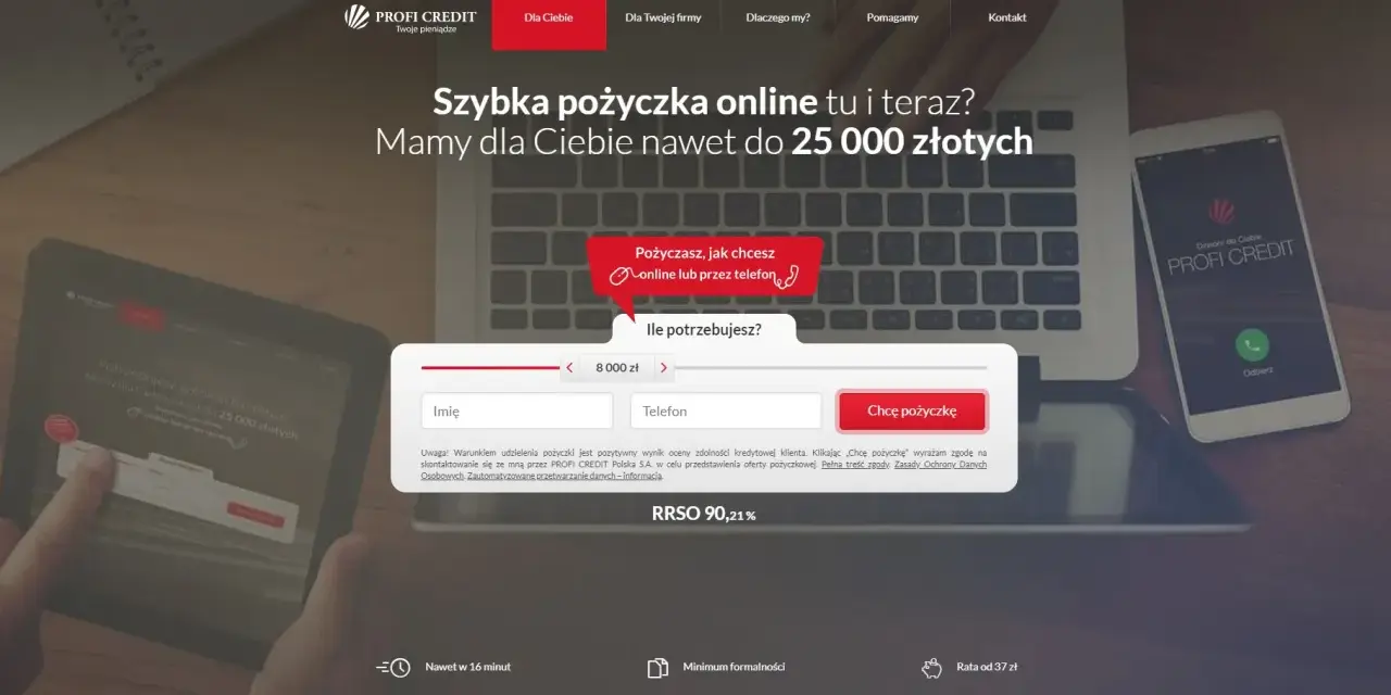 Profi Credit windykacja oferuje szybkie pożyczki online do 25 000 zł. Wypełnij formularz, by otrzymać gotówkę.