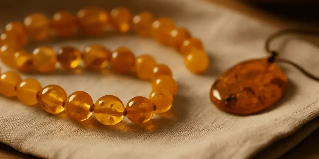 Collar y colgante de ámbar sobre tela. Aprende como limpiar el ámbar para mantener su brillo natural.