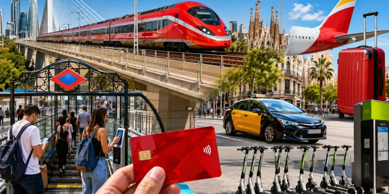 Vielfalt des Reisens in Spanien: Zug, Flugzeug, Taxi, E-Scooter und Metro. Mit einer Kreditkarte alles einfach bezahlen.