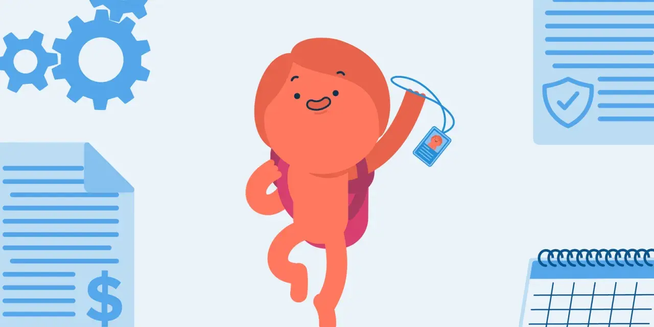 Fröhliche Figur mit Ausweis und Rucksack, bereit für ein freiwilliges Praktikum. Zahnräder, Dokumente und Kalender symbolisieren den Start.