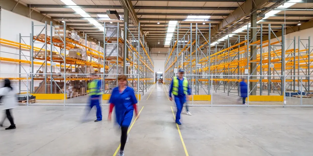 Persone in movimento in un magazzino moderno, con scaffalature piene di merci. Un'immagine che evoca il dinamismo del lavorare come magazziniere.