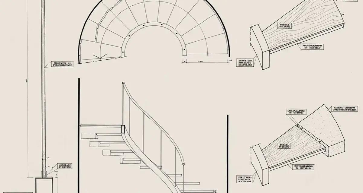 Disegno tecnico di una scala a chiocciola con dettagli su materiali e struttura, utile per la normativa scale interne uso privato.