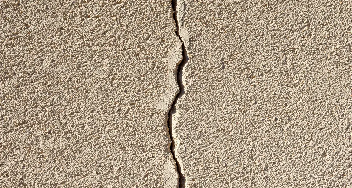 Grosse fissure sur un mur extérieur en crépi. Il faut réparer cette fissure pour éviter qu'elle ne s'aggrave.