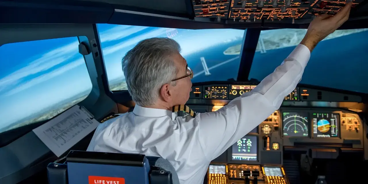 Doświadczony pilot w kokpicie, dotykający panelu sterowania. To inspiracja, jak zostać pilotem samolotu i osiągnąć marzenia o lataniu.