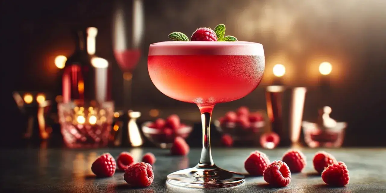 Elegancki Clover Club cocktail, ozdobiony maliną i miętą, otoczony świeżymi malinami.
