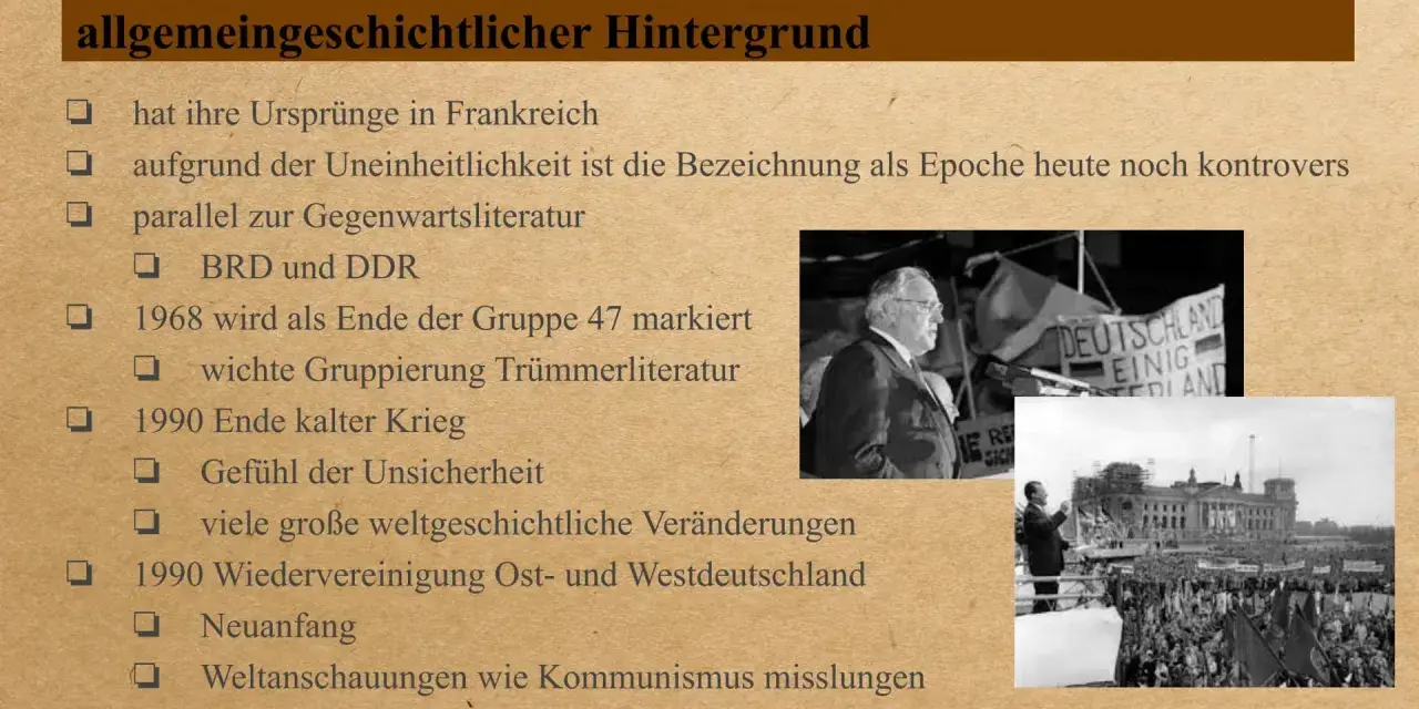 Liste von Stichpunkten zur postmoderne, mit Bildern von Rednern und Menschenmengen, die historische Ereignisse wie die Wiedervereinigung Deutschlands symbolisieren.