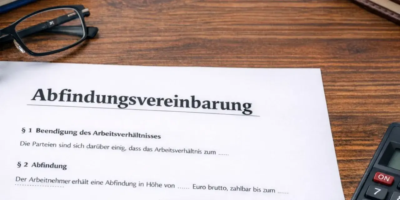 Abfindungsvereinbarung-Muster kostenlos: Dokument mit Klauseln zur Beendigung des Arbeitsverhältnisses und Abfindungshöhe, daneben Brille, Buch und Taschenrechner.