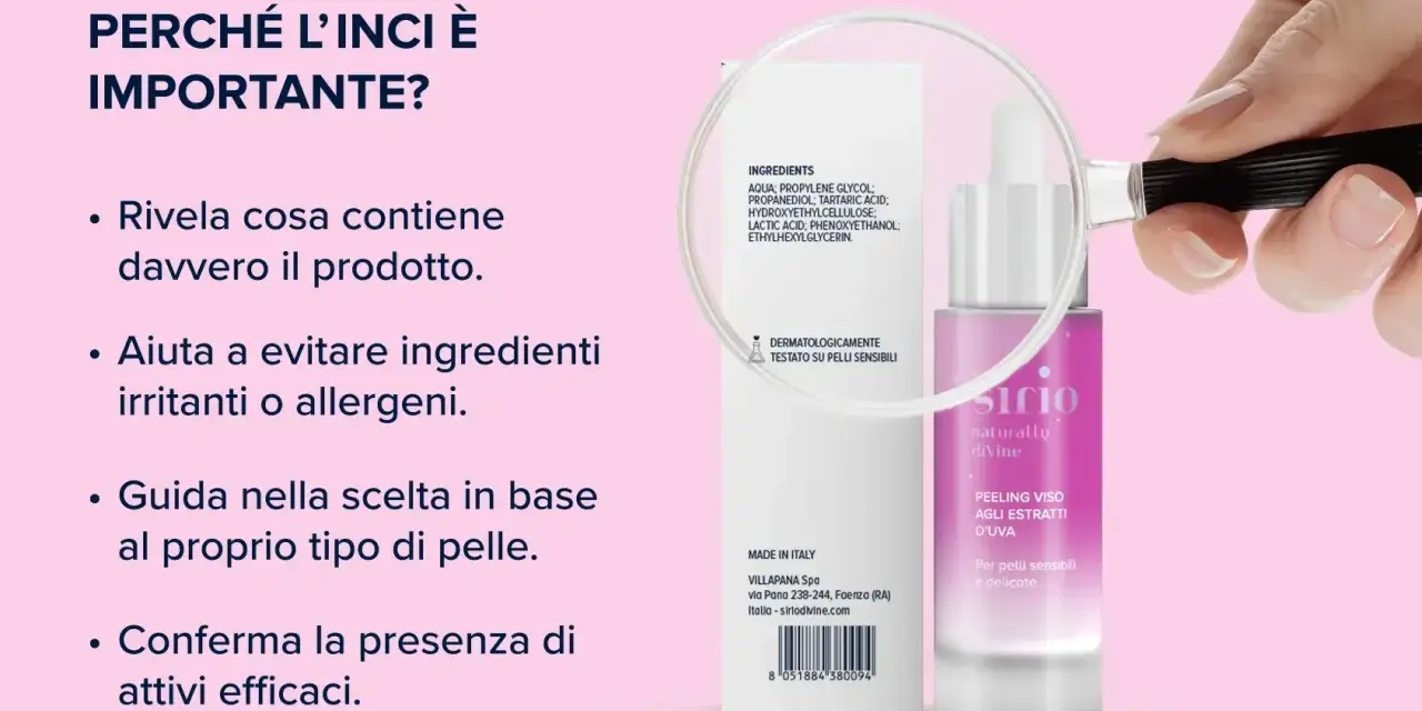 Lente d'ingrandimento su inci prodotti cosmetici, evidenziando la trasparenza degli ingredienti per una scelta consapevole.