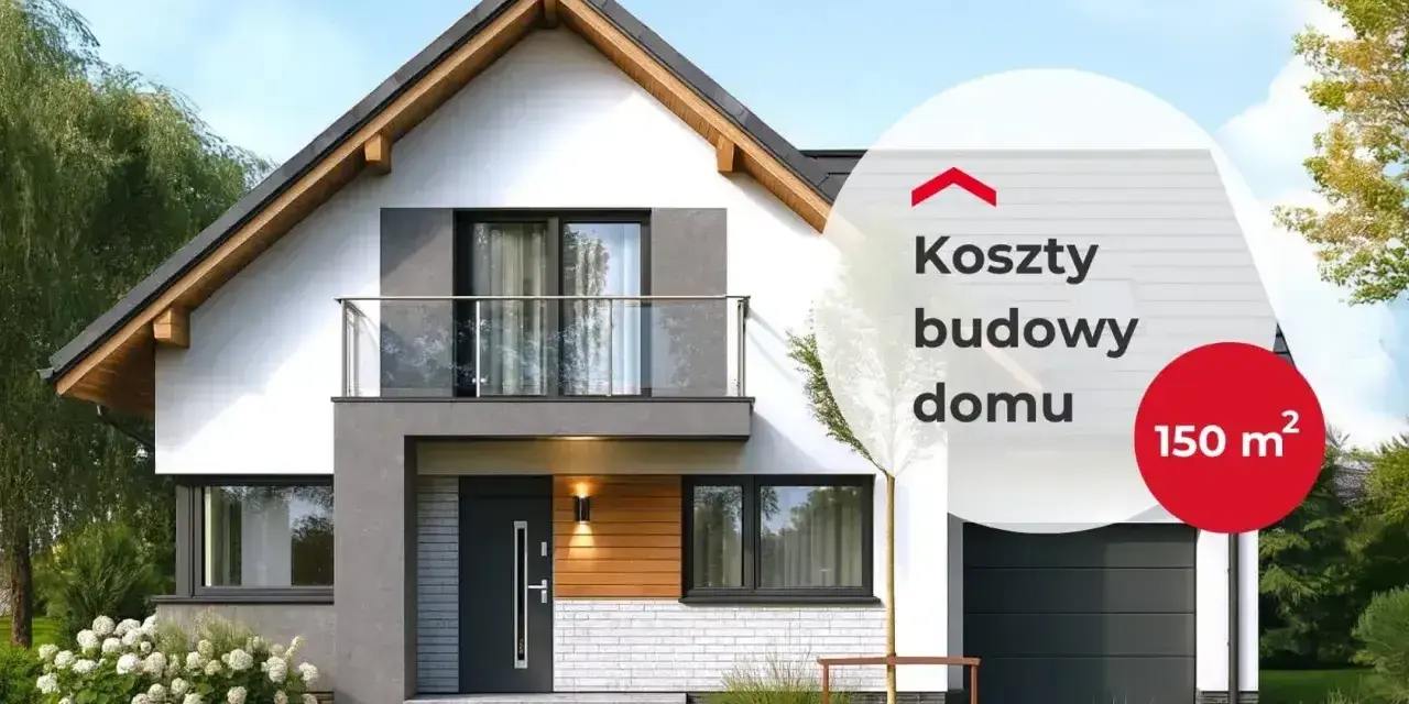 Nowoczesny, mały tani dom z garażem i balkonem. Obok krzewy hortensji i drzewa. Tekst: "Koszty budowy domu 150 m²".