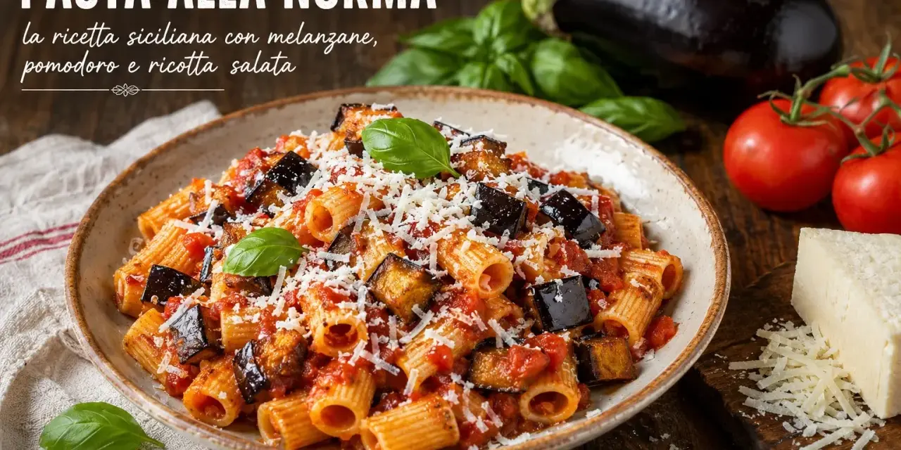 Pyszne danie pasta alla norma z bakłażanem, pomidorami i ricottą salata, posypane startym serem.