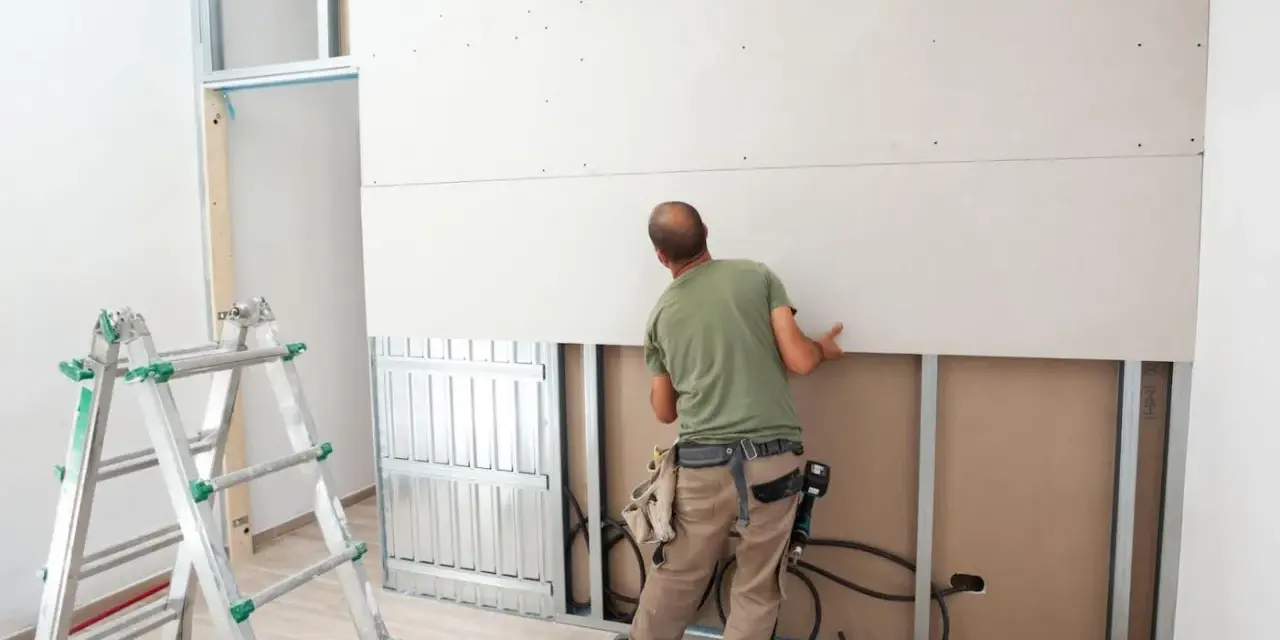 Budowlaniec montuje płyty regipsowe na stelażu. Obok stoi drabina.