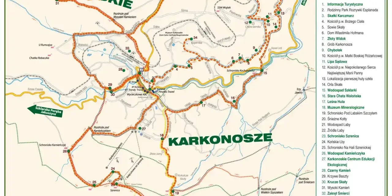 Mapa Karkonoszy i Gór Izerskich z zaznaczonym czerwonym szlakiem turystycznym prowadzącym na Szrenicę.