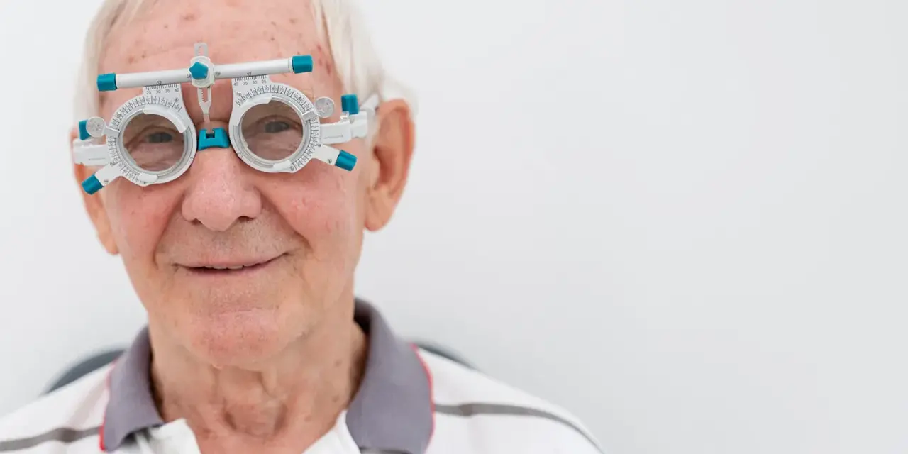 Anziano con occhiali da prova per esame della vista, controlla la vista per prevenire l'invecchiamento precoce della retina.