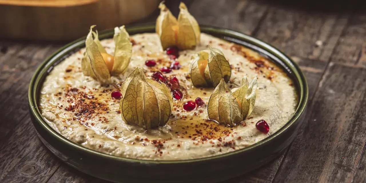 Krämig baba ganoush toppad med physalis och granatäppelkärnor på en rustik träyta.