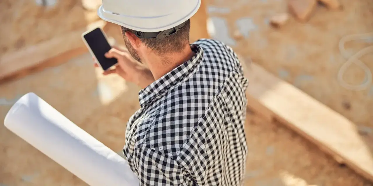 Budowlaniec w kasku sprawdza na telefonie dane o nośności gruntu kpa, trzymając zwój planów.
