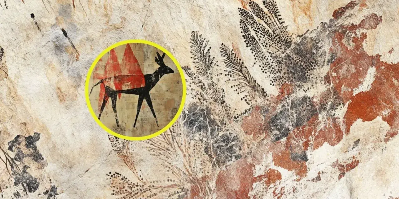 Detalles de diversos tipos de pinturas rupestres, incluyendo un ciervo estilizado en rojo y negro dentro de un círculo amarillo.