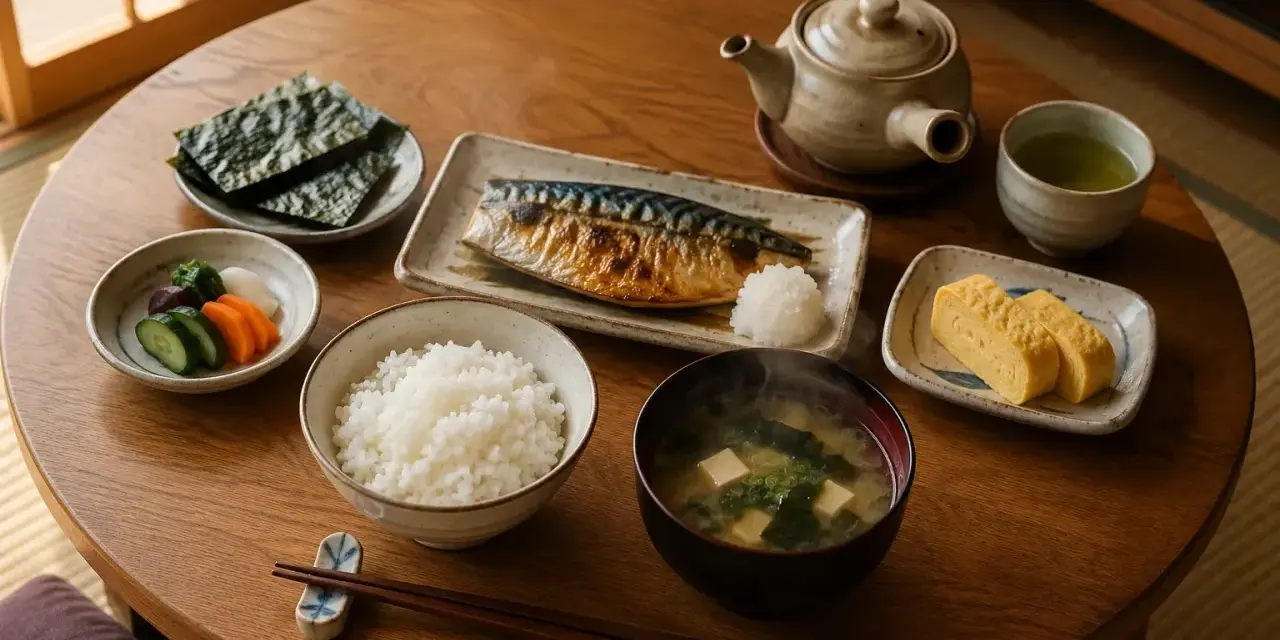 Tradycyjne japońskie potrawy: grillowana makrela, ryż, zupa miso, tamagoyaki, marynowane warzywa i nori.