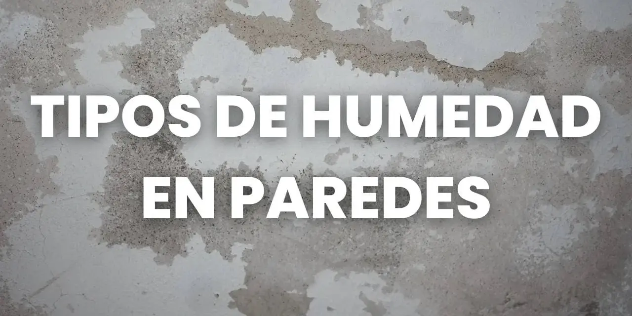 Texto blanco sobre pared con manchas de humedad: "TIPOS DE HUMEDAD EN PAREDES". Aprende cómo quitar humedad de la pared.