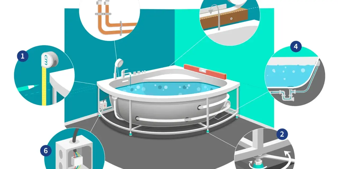 Schéma d'installation baignoire balneo : mesure, réglage des pieds, étanchéité, raccordement plomberie, tuyauterie, et boîtier électrique.
