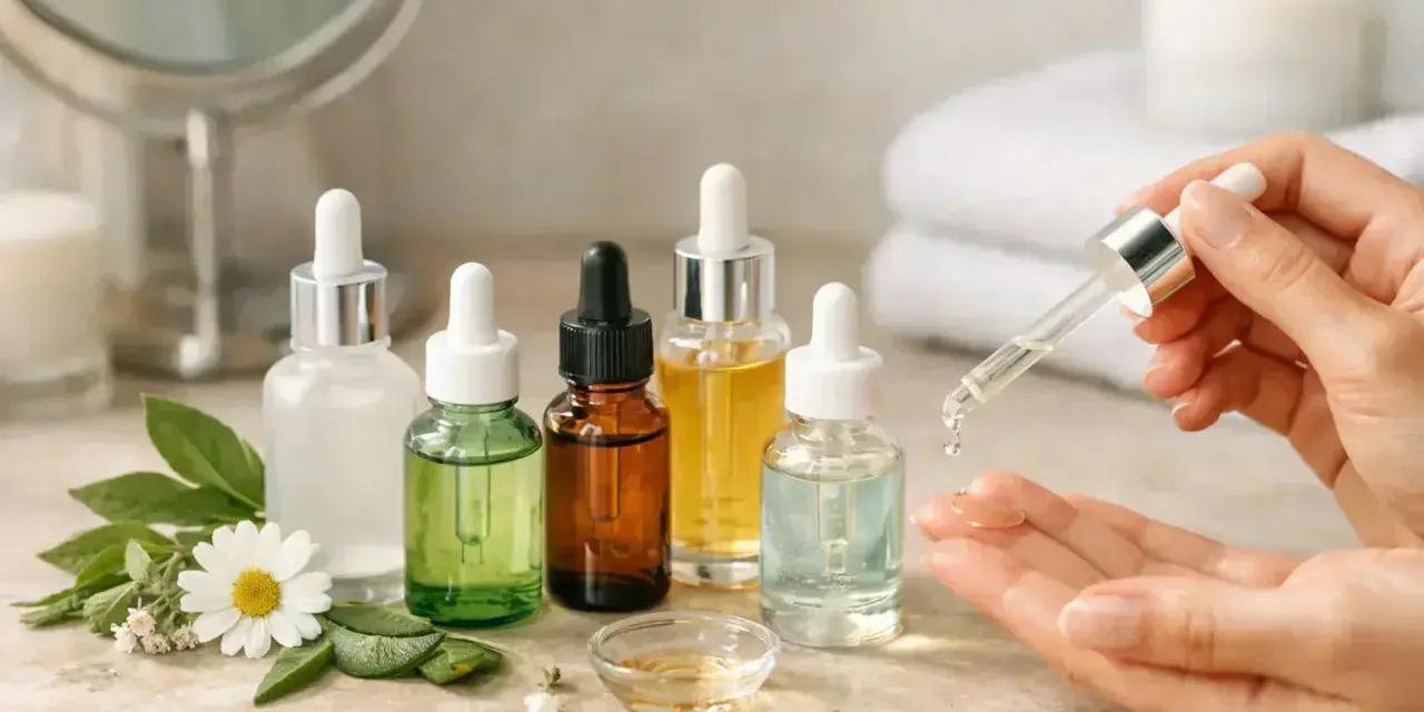 Des flacons de sérum pour visage, dont un est appliqué sur la main, illustrent à quoi sert le sérum pour visage : hydrater et nourrir la peau.