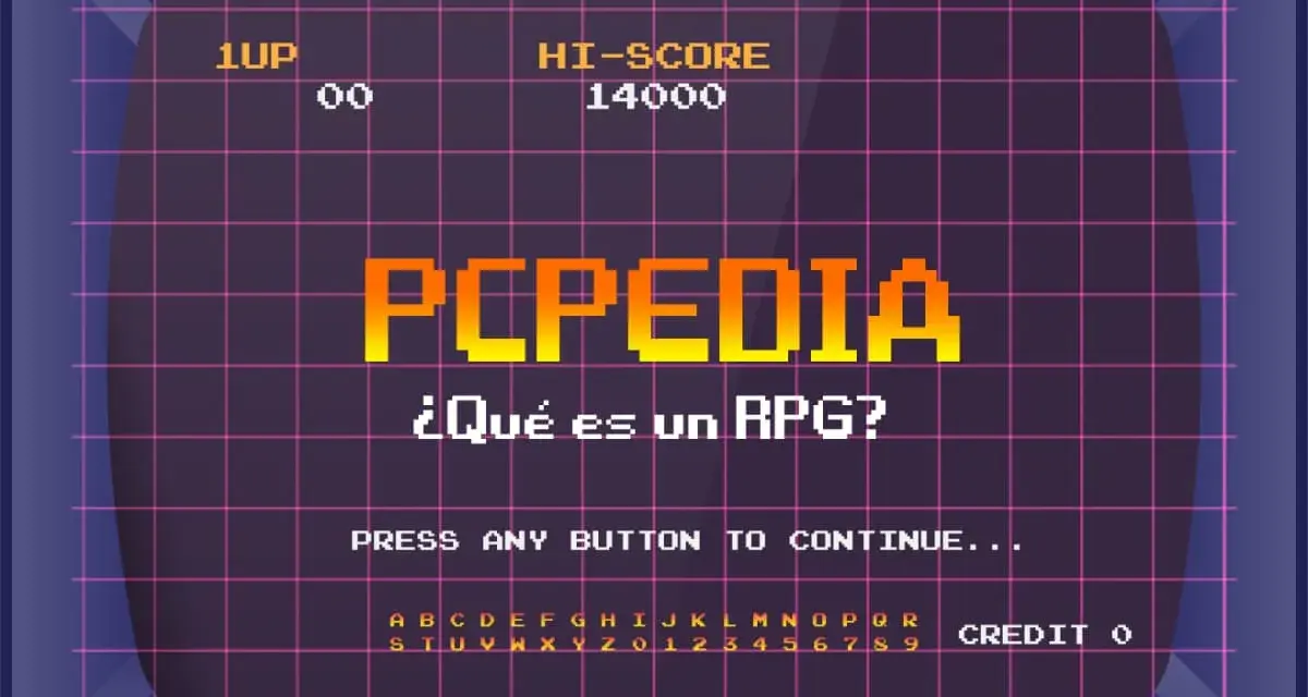 Pantalla de videojuego retro con el título "PCPEDIA" y la pregunta "¿Qué es un RPG?". Muestra puntuación, vidas y créditos.