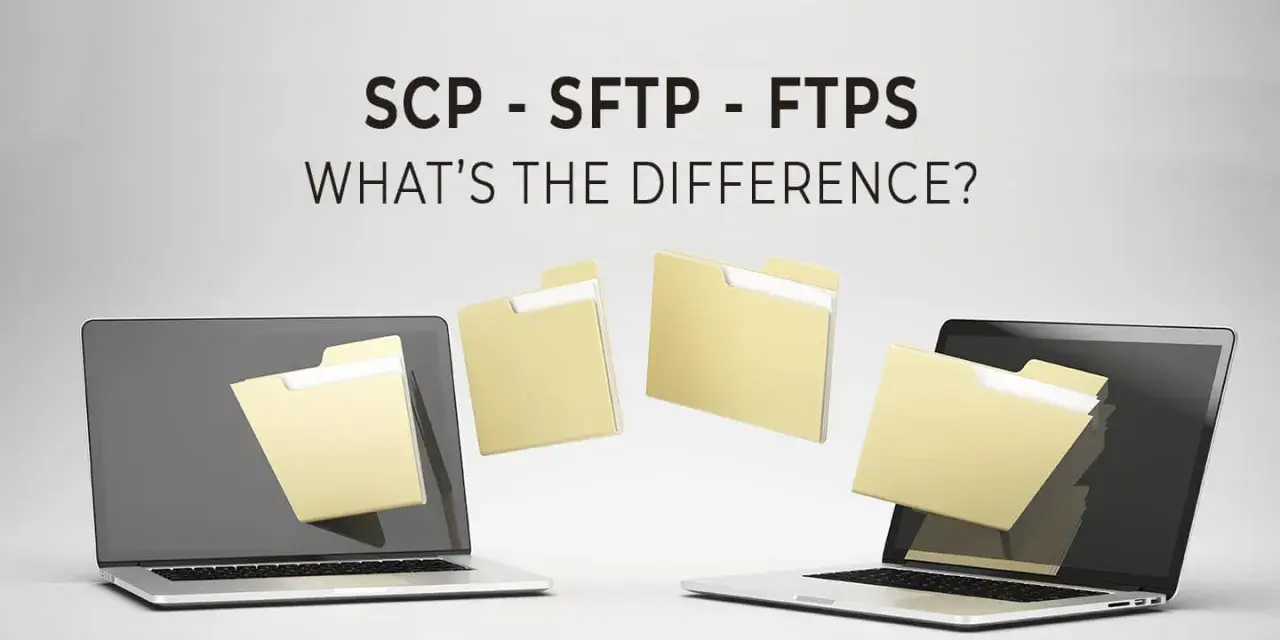 Dwa laptopy i foldery unoszące się w powietrzu, ilustrujące różnice między SCP, SFTP i FTPS.