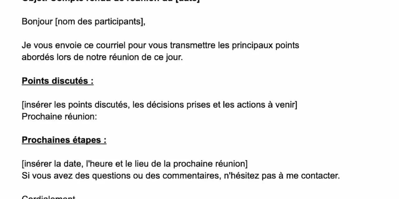 Un exemple de compte rendu synthétique de réunion, détaillant les points discutés, les décisions et les prochaines étapes.