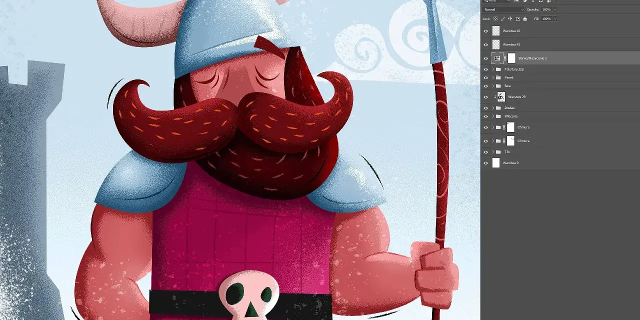 Ilustracja wikinga z brodą i czaszką na pasie, idealna do kursu ilustracji.