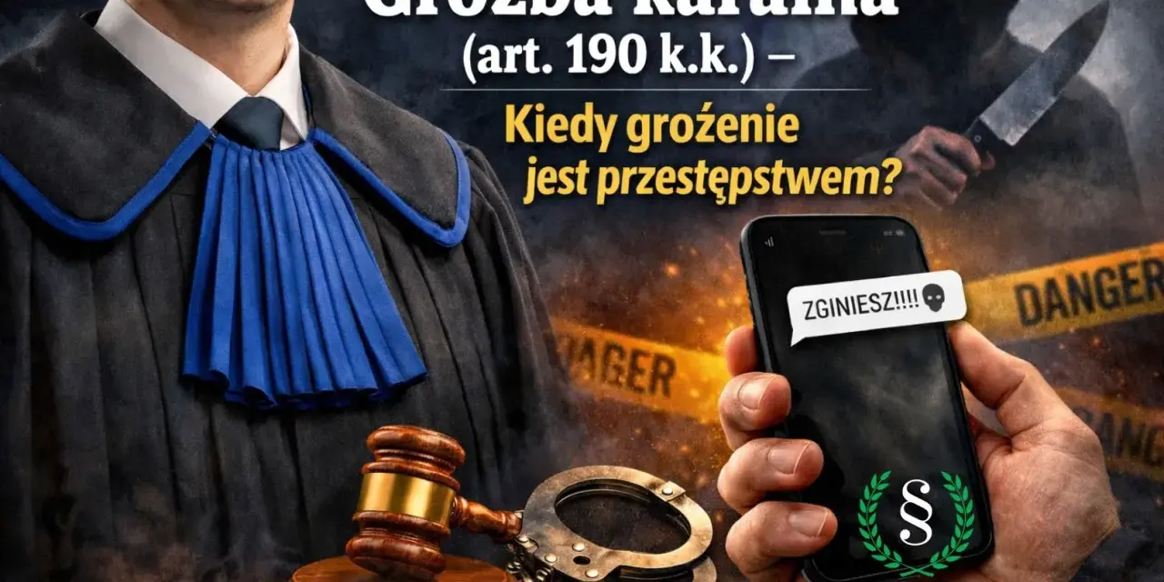 Groźba karalna (art. 190 k.k.) – kiedy grożenie jest przestępstwem? Na zdjęciu telefon z wiadomością "ZGINIESZ!!!!", obok sędziowski młotek i kajdanki.