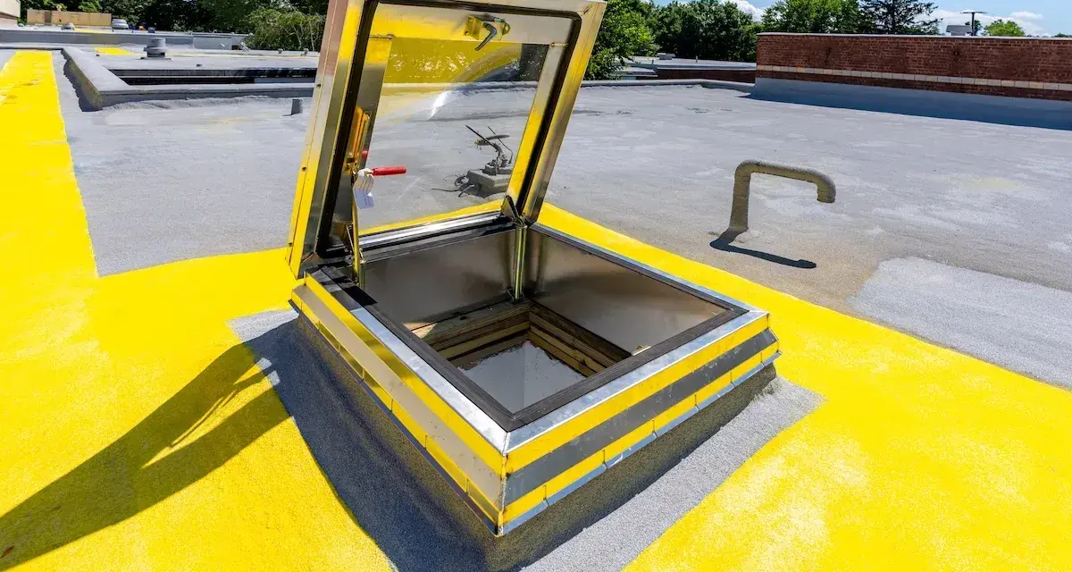 Porta di accesso al tetto aperta, con segnaletica gialla e grigia. La normativa per l'accesso al tetto è rispettata.