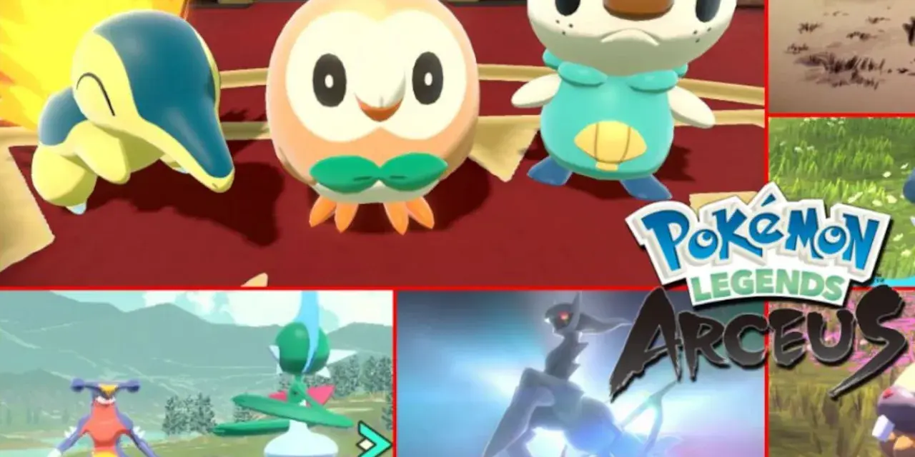 Cyndaquil, Rowlet y Oshawott, junto a Garchomp, Gallade y Arceus, en escenas de Pokémon Legends: Arceus, para una pokedex completa.