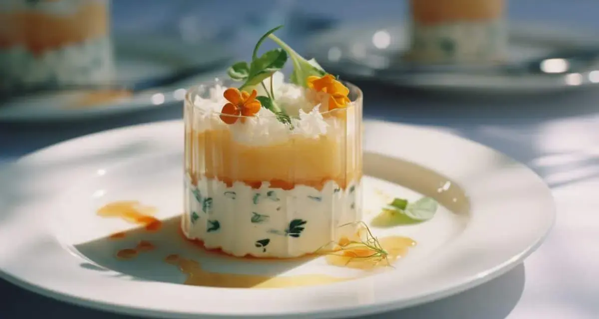 Un amuse-gueule froid à faire la veille : un cylindre de couches crémeuses et fruitées, garni de fleurs comestibles et d'herbes fraîches. Parfait pour un apéritif élégant.