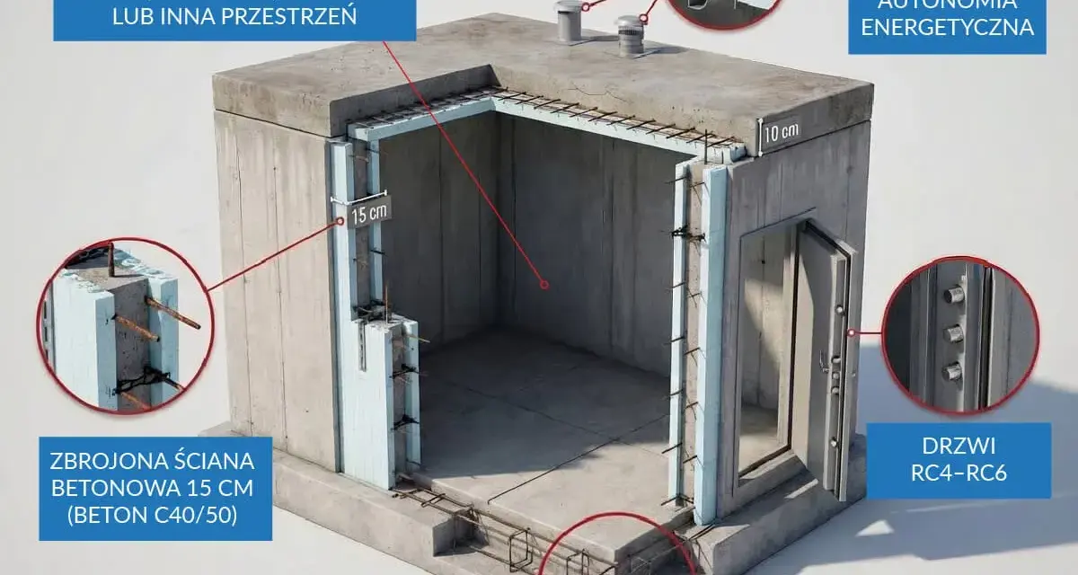 Schron przydomowy z żelbetonową ławą, zbrojonymi ścianami 15 cm, wentylacją i drzwiami RC4-RC6. W środku może być panic room.