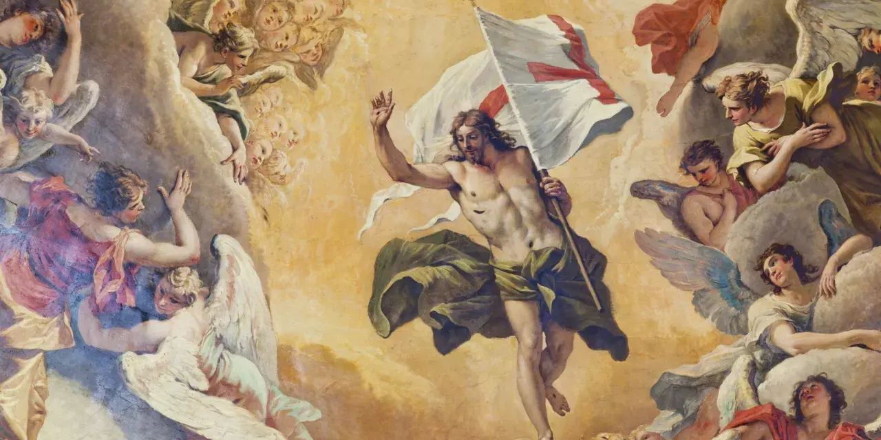 Zmartwychwstały Chrystus z chorągwią zwycięstwa, otoczony przez anioły. Obraz symbolizuje triumf nad śmiercią Jezusa.