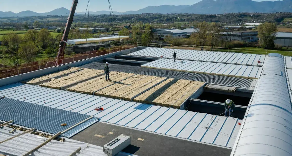 Operai installano pannelli isolanti su un tetto, riducendo il rumore. Un cantiere in corso con montagne sullo sfondo.