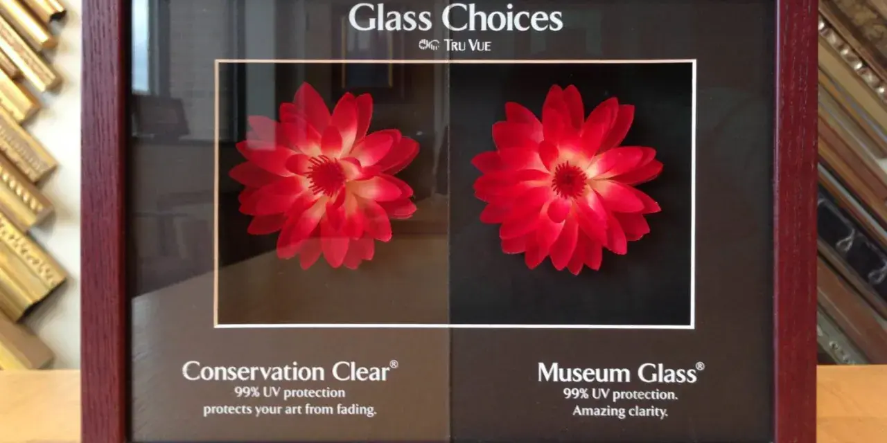Comparing plexiglass vs glass frame options for art protection. The left shows Conservation Clear, the right Museum Glass, both with red flowers.
