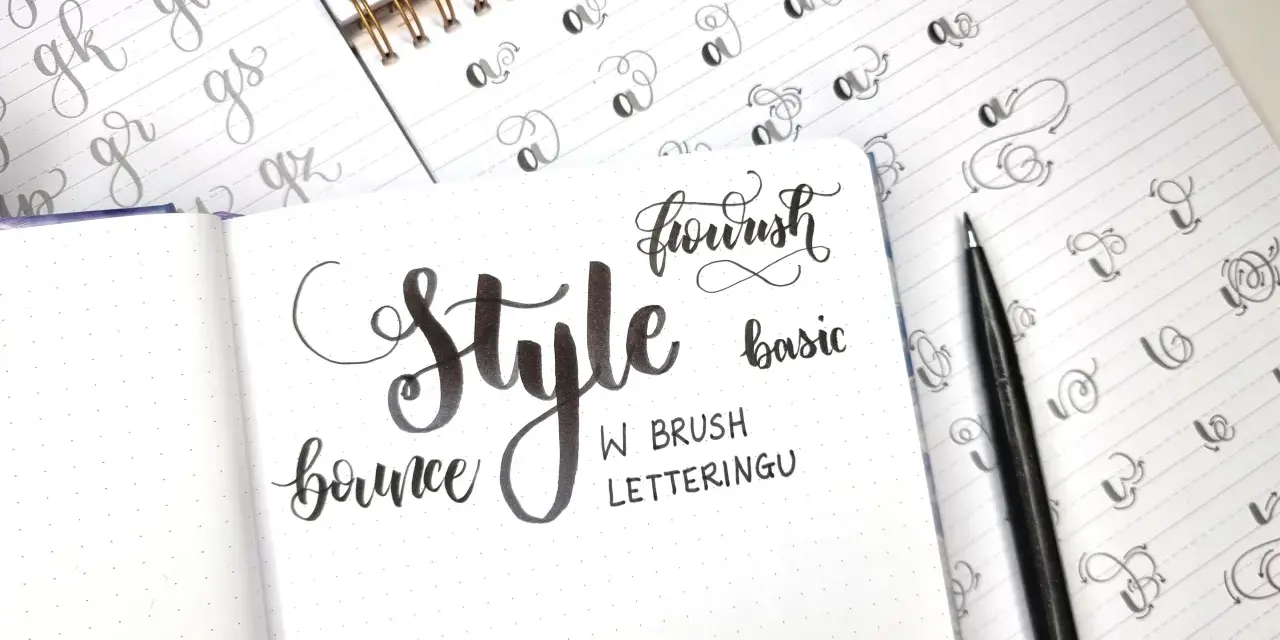 Ćwiczenia kaligraficzne: "Style", "bounce", "flourish", "basic" i litery w różnych wariantach kroju pisma.