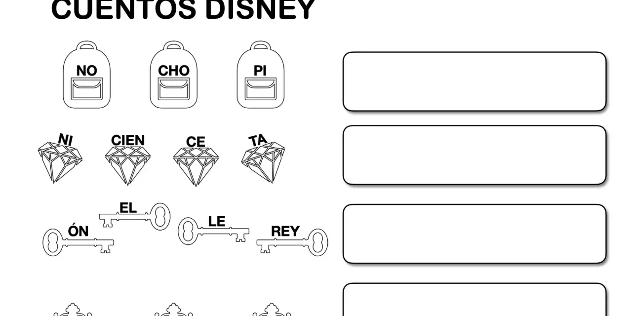 Actividad para desarrollar la conciencia léxica: ordena sílabas (mochilas, diamantes, llaves, coronas) para formar palabras de la familia Disney.