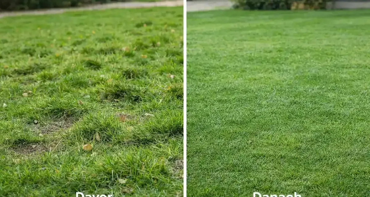 Vorher-Nachher-Vergleich eines Rasens, der mit Blaukorn behandelt wurde. Links der ungepflegte Rasen, rechts der dicht grüne, gesunde Rasen.