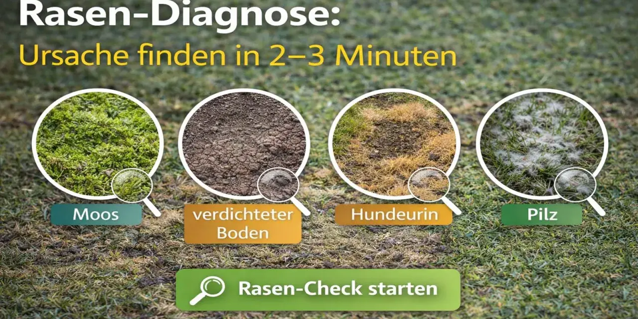 Rasen-Diagnose: Moos, verdichteter Boden, Hundeurin und Pilz sind Ursachen für dickes Gras im Rasen.