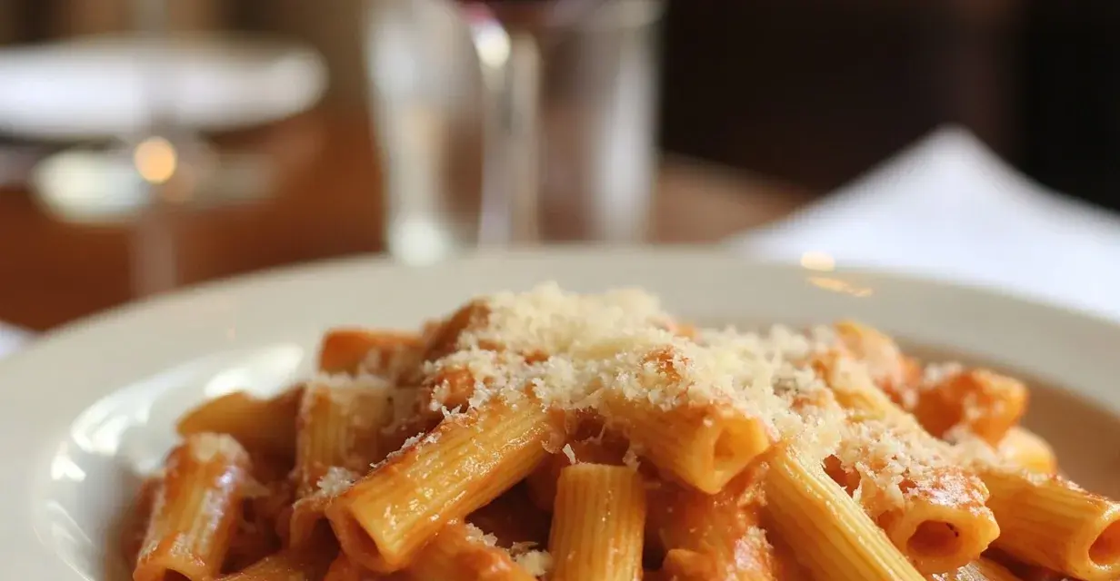 En tallrik rigatoni med krämig tomatsås och parmesanost, perfekt till ett glas vin eller en vodkapasta.