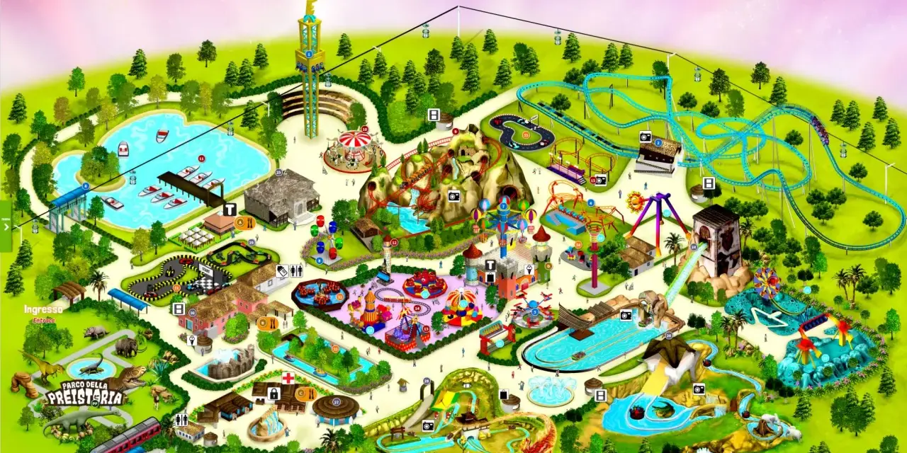 Isometric map of Etnaland theme park, showing rides, attractions, and themed areas like Prehistoria.