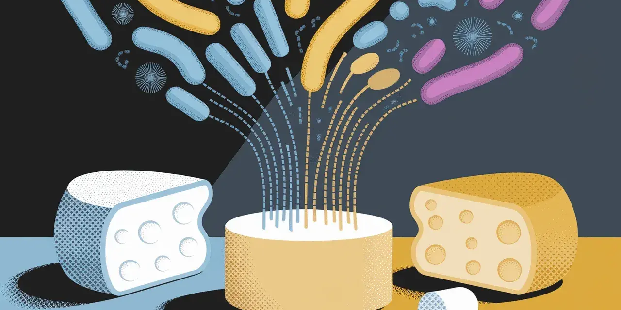Des bactéries colorées s'échappent d'un cylindre, symbolisant la fermentation des fromages.