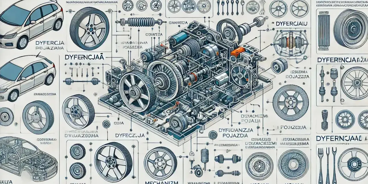 Ilustracja techniczna z przekładnią, kołami i elementami samochodu.