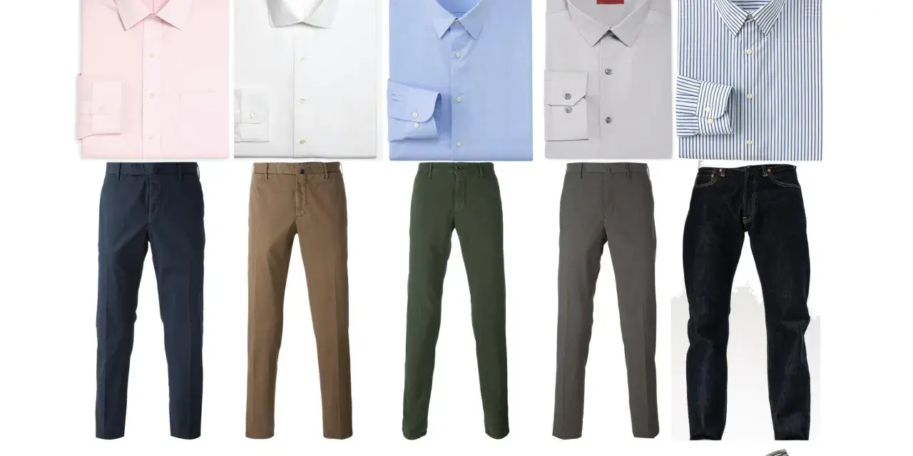 Guía visual de vestimenta bussines casual: camisas, pantalones de vestir, jeans, zapatos y accesorios.