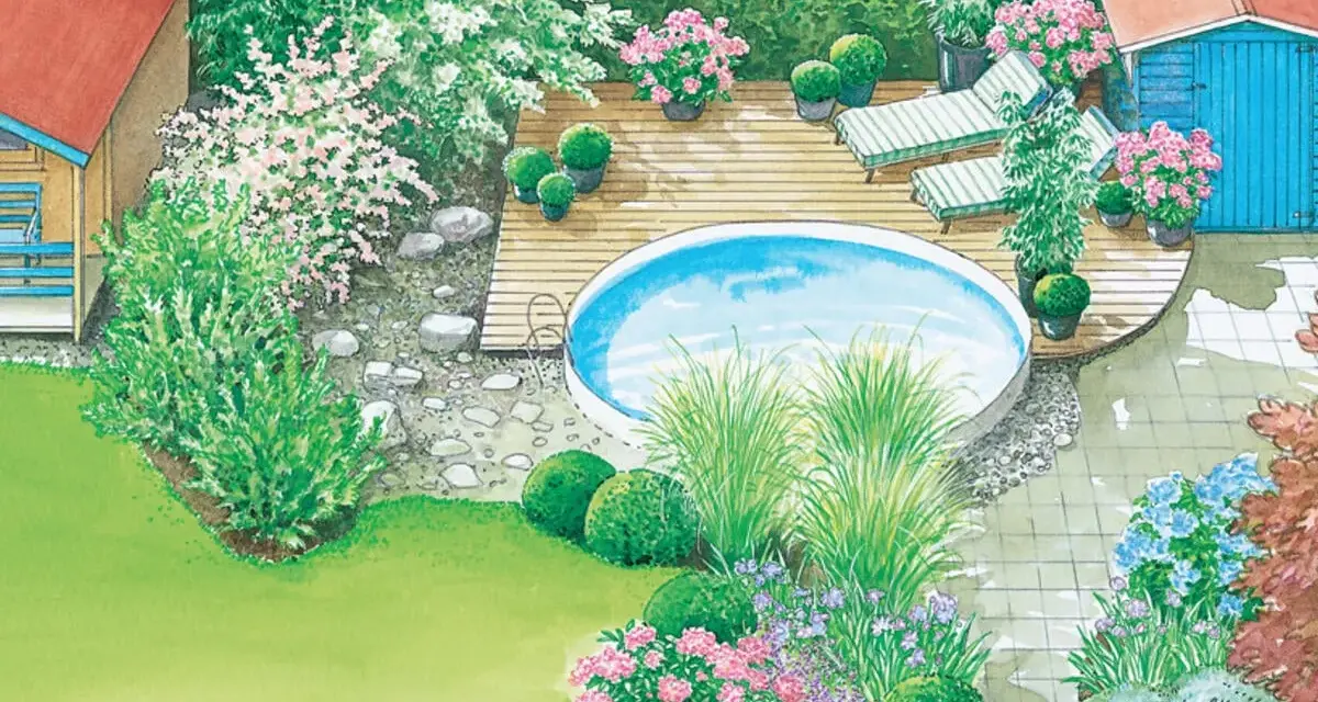 Traumhafte pool garten gestaltungsideen: Ein runder Pool auf Holzdeck, Liegestühle, blühende Sträucher und ein gepflegter Rasen laden zum Entspannen ein.